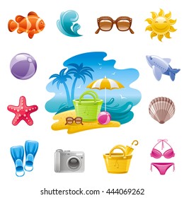 Seereisen-Symbol in blauer Farbe mit Sommerzeichen auf weißem Hintergrund. Das Concept-Icon enthält Bikini-Badeanzug, Sonnenbrille, Lächeln der Sonne, Tauchflossen, Flugzeug, Fotokamera