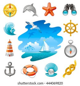 Sea travel icon set in blue color with vacation summer beach symbols on white background. Concept icon set contains vintage compass rose, wheel, starfish, binoculars, lighthouse, anchor, sailing yacht