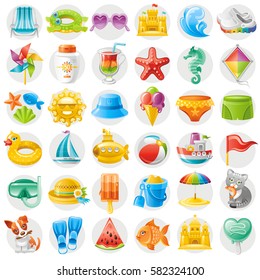 Sea Travel Icon Set, Child Vacation Summer Holidays Beach Icons, Isolated White Background. Bikini Swimsuit, Sunglasses, Sun, Diving Flippers, Sand Castle Baby Toy, Ball, Ice Cream,vector Illustration