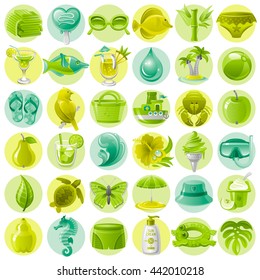 Sea travel icon set in green, mint and lime color with vacation summer beach symbols on white background. Concept symbol collection contains wave, ice cream, diving mask, cocktail, sunglasses, towel
