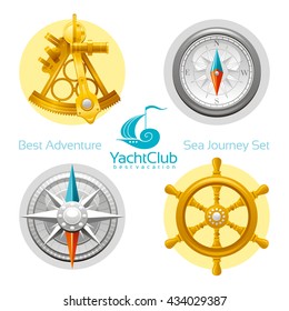 Sea travel icon set with seafaring icons - sextant, compass, compass rose, vintage wheel