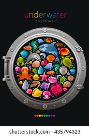 Sea travel icon set with underwater diving animals. Dolphin, killer whale, starfish, coral, oyster pearl, butterfly fish, tropical shells, sea horse, octopus, turtle and more marine icons in porthole