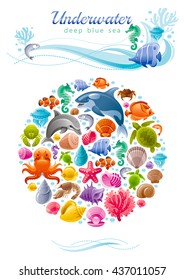 Sea travel icon set with underwater diving animals. Dolphin, killer whale, starfish, coral, oyster pearl, butterfly fish, tropical shells, sea horse, octopus, turtle and more marine icons in porthole
