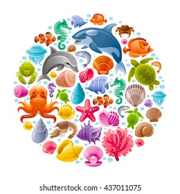 Sea travel icon set with underwater diving animals. Dolphin, killer whale, starfish, coral, oyster pearl, butterfly fish, tropical shells, sea horse, octopus, sea turtle and more marine icons