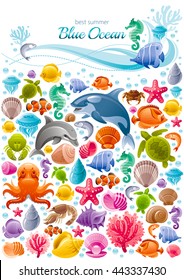 Sea travel icon set with underwater diving animals. Dolphin, killer whale, starfish, coral, oyster pearl, butterfly fish, tropical shells, sea horse, octopus, turtle and more marine icons in porthole