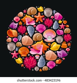 Sea travel icon set with underwater diving animals - seashell, scallop, mollusk shell and more marine shells icons. Vector illustration abstract template . Elegant modern style, black background.  