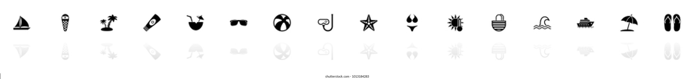 Sea Travel icons - Black horizontal Illustration symbol on White Background with a mirror Shadow reflection. Flat Vector Icon.