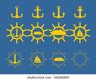 Sea travel, industry and journey icons collection. Blue and yellow colors