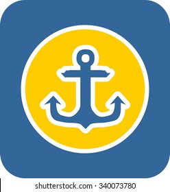 Sea travel, industry and journey sticker icon. Blue and yellow colors. Anchor with part of ship