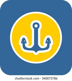 Sea travel, industry and journey sticker icon. Blue and yellow colors. Anchor with fish head element