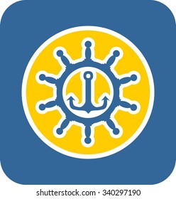 Sea travel, industry and journey sticker icon. Blue and yellow colors. Anchor in steering wheel