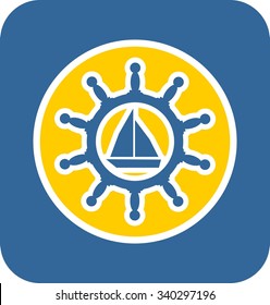 Sea travel, industry and journey sticker icon. Blue and yellow colors. Sail boat in steering wheel