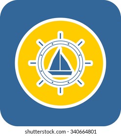 Sea travel, industry and journey sticker icon. Blue and yellow colors. Sail boat in compass circle steering wheel