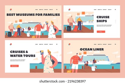 Sea Travel Landing Page Template Set. Family Summertime Vacation Journey On Nautical Passenger Vessel. People Boarding On Cruise Liner Deck. Characters Summer Sea Tour. Cartoon Vector Illustration