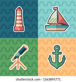 Sea travel and leisure sticker flat icon set.