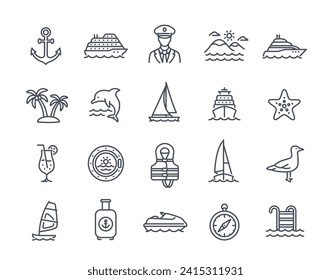 Sea Travel line icons set. Cruise liner, yacht, seagull, sailboat and tropical islands. Design element for application or website. Outline simple vector collection isolated on white background