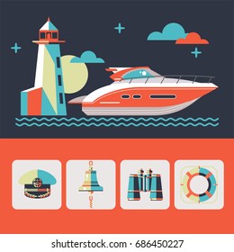 Sea travel on a luxury yacht. Vector illustration. The icons set.