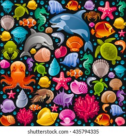 Sea travel seamless background with underwater diving animals. Dolphin, killer whale, starfish, coral, pearl, butterfly fish, tropical shells, sea horse, octopus, sea turtle and more marine icons