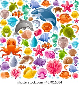 Sea travel seamless background with underwater diving animals. Dolphin, killer whale, starfish, coral, pearl, butterfly fish, tropical shells, sea horse, octopus, sea turtle and more marine icons