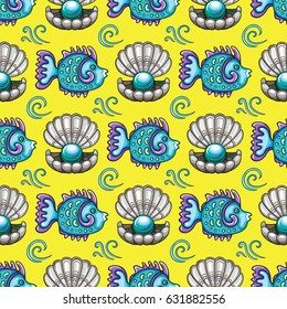 Sea travel seamless background with underwater diving animals. Cartoon tropical coral reef fish and open decorative pearl shell, swirls and ocean waves. Vector doodle pattern, marine summer vacation