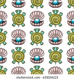 Sea travel seamless background with underwater diving animals. Cartoon turtle and open pearl shell.  Vector marine pattern, doodle summer vacation collection 