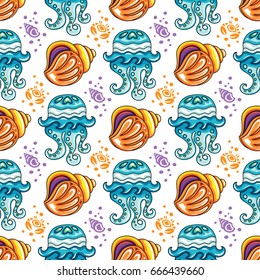 Sea travel seamless background with underwater diving animals. Cartoon tropical coral reef mollusk shell and ornate jellyfish, silhouette crabs, bubbles. Vector marine pattern, doodle summer vacation 