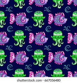 Sea travel seamless background with underwater diving animals. Decorative jellyfish, tropical reef fish, ocean bubbles, swirls, silhouette of waves. Vector doodle pattern, summer vacation collection 