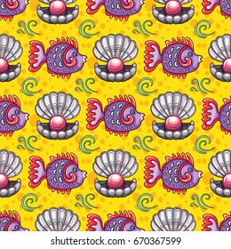 Sea travel seamless background with underwater diving animals. Cartoon tropical coral reef fish and open decorative pearl shell, seashells, silhouette crabs. Vector doodle pattern, summer vacation