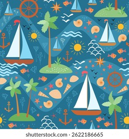 Sea travel seamless pattern for baby fabric. Yachts, islands with palm trees, fish, compass, anchor, steering wheel, shells, starfish, sun, waves and seaweed on a blue background in vector.