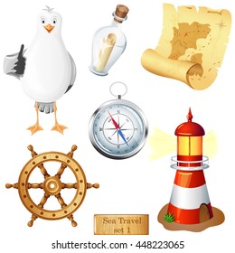 Sea travel set. Seagull, compass, old map, wheel, lighthouse bottle vector icon