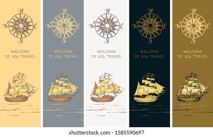 Sea travel. Set of vintage bookmark posters on the theme of marine adventures and travel.