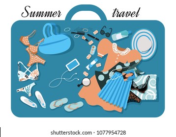 Sea travel set for a woman. Packing list. All objects are isolated.