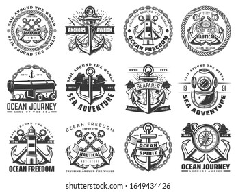 Sea travel ship and nautical anchor vector icons with sail boat ropes, chains and marine compasses, lighthouse, vintage diving helmet and naval cannon. Navy heraldic badges of ocean journey, adventure