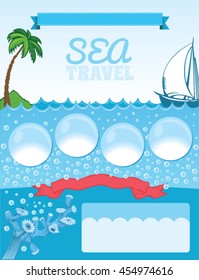 Sea travel template, blue background with bubbles, palms and ship