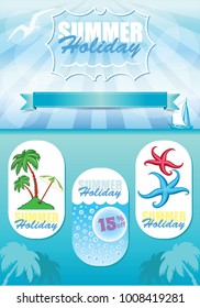 Sea travel template, vector blue background with cartoon illustrations