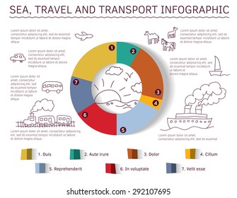 Sea travel and transport info graphic
Diagram with color and shadow and doodles drawing icons. Color vector illustration.