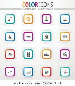 Sea travel vector flat button icons with colored outline and shadow