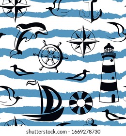 Sea, travel vector seamless pattern with waves . Concept for wallpaper, wrapping paper, cards , textile