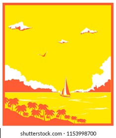 sea travel vector vintage poster. yacht sailing in tropical ocean at sunset, clouds at horizon, seagull and palm island