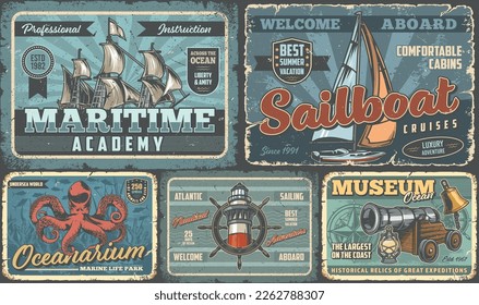 Sea travel vintage flyers colorful set for maritime academy or cruise company and museum relics from bottom Atlantic vector illustration