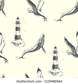 Sea travel vintage illustration. Vector seamless marine pattern in engraving style. Hand drawn texture with lighthouse, whale and seagull isolated on white.