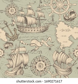 Sea travels, adventures and discoveries. Pirates.Vector abstract seamless pattern. Vintage repeating background with hand-drawn sea monsters and ship anchors and wind rose.