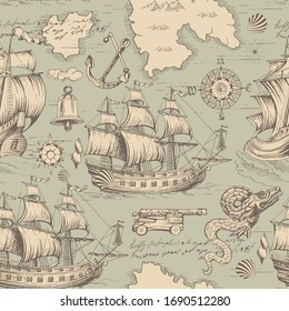 Sea travels, adventures and discoveries. Pirates.Vector abstract seamless pattern. Vintage repeating background with hand-drawn sailboats ships sea monsters and ship anchors and wind rose.