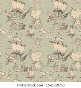 Sea travels, adventures and discoveries. Pirates.Vector abstract seamless pattern. Vintage repeating background with hand-drawn ships sailboats, sea monsters and anchors.