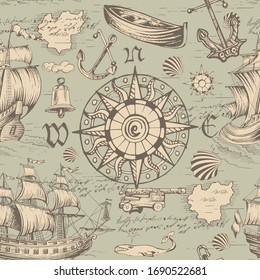 Sea travels, adventures and discoveries. Pirates.Vector abstract seamless pattern. Vintage repeating background with hand-drawn ships sailboats, sea monsters and wind rose.