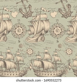 Sea travels, adventures and discoveries. Pirates.Vector abstract seamless pattern. Vintage repeating background with hand-drawn ships sailboats and wind rose.