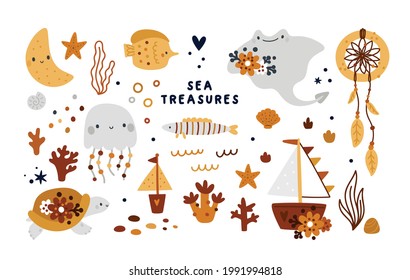 Sea treasure collection with cute animals, fish, turtle, jelly fish, coral reef. Vector illustration with ocean design elements isolated on white backgrounds. Summer holiday clip art set 