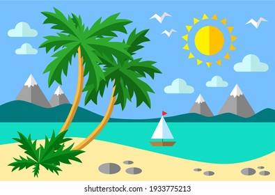 sea ​​palm trees and mountains flat illustration
