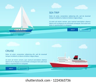 Sea trip on sailboat and luxurious cruise on spacious liner around ocean promotional internet page with information vector illustration.