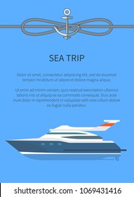 Sea trip ship and text sample and lettering, steamboat and cordage with anchor above, poster with vessel and rope, isolated on vector illustration